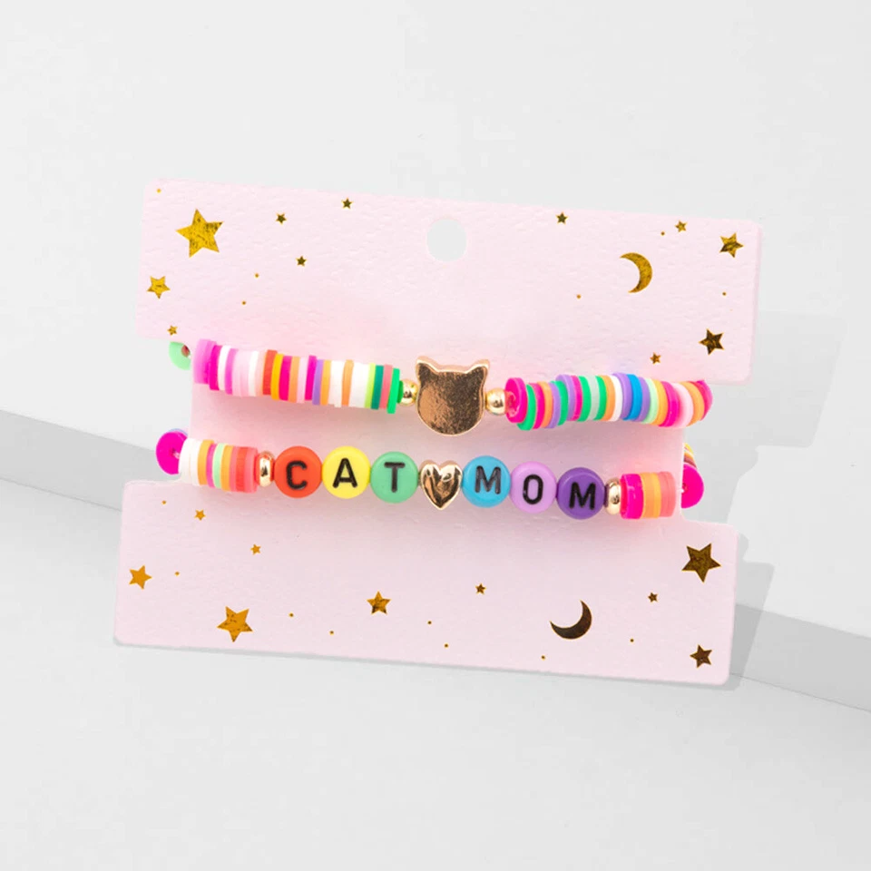 Cat Mom Bracelet 2 piece SET Heishi Beaded Stretch Kitten Kitty Mother Mama MUL2 - Image 2 of 2