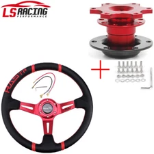Red 14" Deep Dish Drifting Racing Car Steering Wheel & Quick Release Adapter
