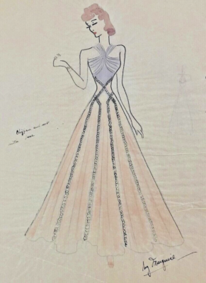 HAND PAINTED WATER COLOR FASHION CHIFFON GOWN DRESS W SPARKLES BY MARQUISE 