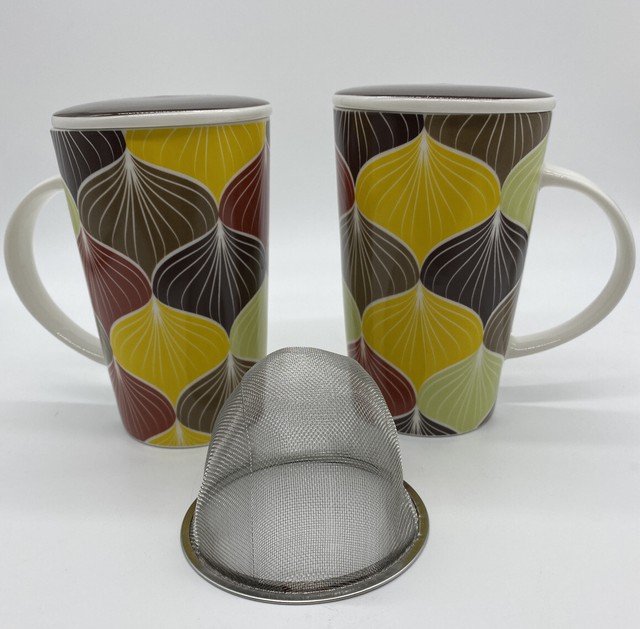 2014 Teavana 2 Tall Tea/ Coffee Mugs With Infuser & Lids Ceramic