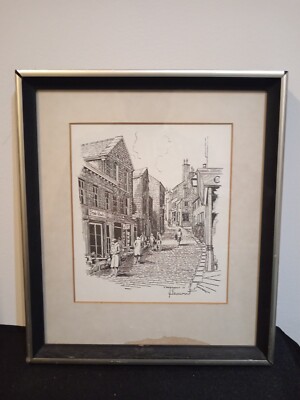 J Beaumont 77 Vintage Kunstdruck Altstadt Szene gerahmt leichte Beschädigung unten