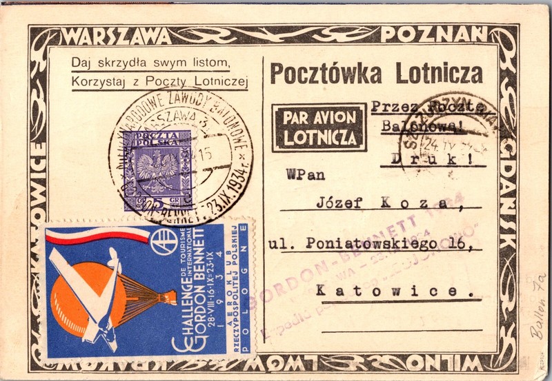 1934 Warsaw Poland Ballon Flight Airmail Postcard Cover to Katowice