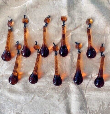 Lot of 10 Vintage Amber Prince Rupert Style Tear Drop Glass Ornament 3.5  Long