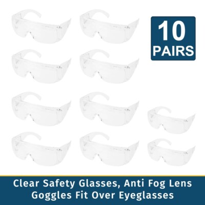 Clear Safety Protective Glasses Goggles Fits Over Eyeglasses (10 Pack)