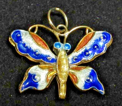 Ciondolo Farfalla Charm Ambra Smalto Bianco e Blu su Metallo Tono Oro Reversibile - Foto 1 di 3