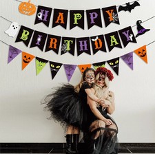 Colorful Halloween Happy Birthday Banner and Halloween Pattern Pennant