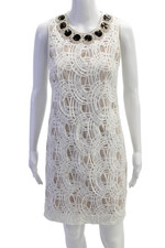 Adrianna Papell Women Beige Shift Dress Knee-Length Geometric Round Neck Size 6