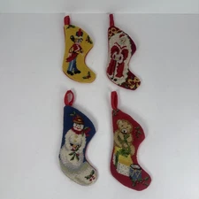 4 Vintage Needlepoint Christmas Mini Stocking Ornament 5.5” X 3” Christmas Decor
