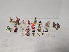 Christmas Village Figures Lot Assorted Miniatures Santas Snowmen Reindeer Tree
