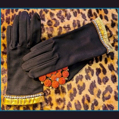 Vintage Gold Lamé & Rhinestone Gloves Elvette by Dawnelle sz 6.5 Elegant Exc.
