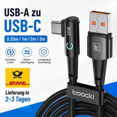 USB-A auf USB-C 100W 90° Winkelkabel Schnellladekabel für Samsung Huawei Xiaomi