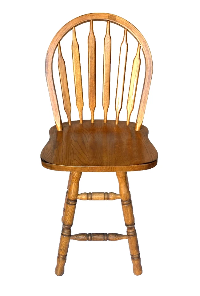 Vintage Solid Oak Wood Arrow Back Swivel Bar Stool Chair - Rare!! - Image 2 of 3