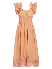 ULLA JOHNSON Leona Linen-Blend Tiered Midi Dress Sz 2 Color Azalea Ruffle Eyelet