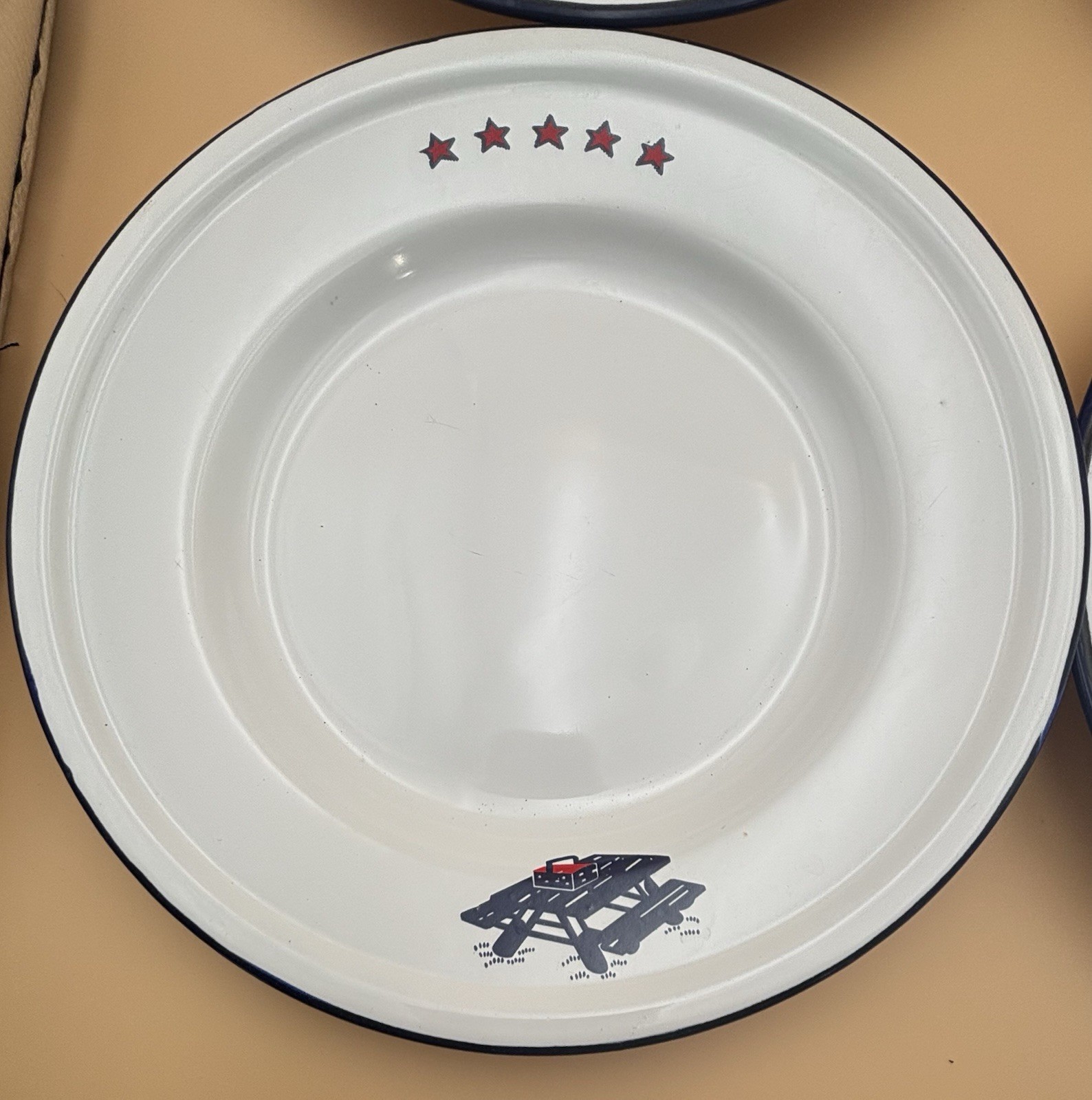 Vintage 1960s Taipro Blue Enamelware Plates Set of 4 Picnic Table Stars American