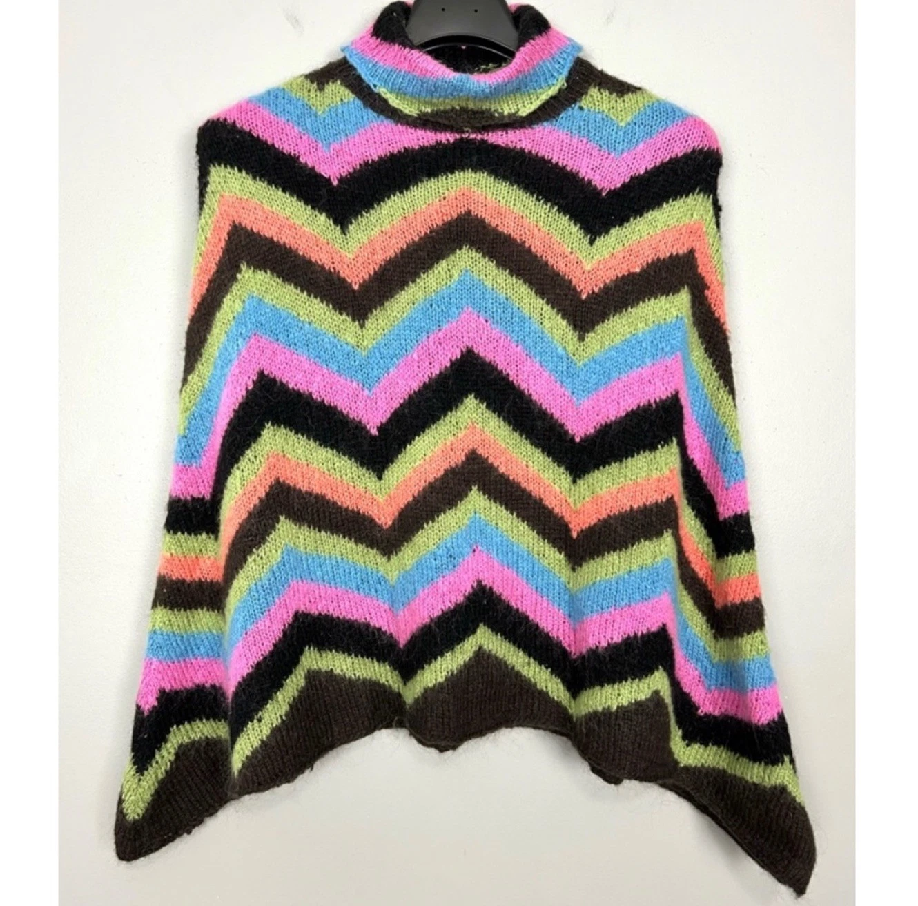 Vintage Chevron Knit Poncho Sweater Women’s Size L Cowl Neck Wool Colorful Retro