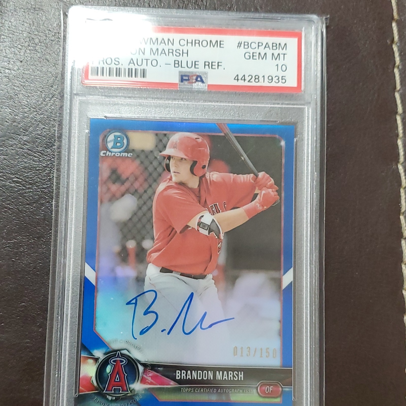 2018 Bowman Chrome Brandon Marsh Blue Refractor Auto #BCPA-BM /150 PSA 10 Angels