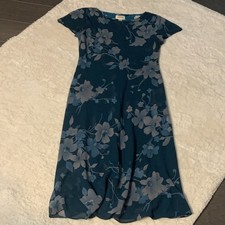Talbots Petites Women's Blue Floral Slip Dress Midi Scoop Neck Short Sleeve 8