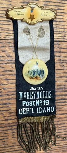 GAR MEMBER BADGE & MOURNING RIBBON MCREYNOLDS POST NO 19  IDAHO CIVIL WAR
