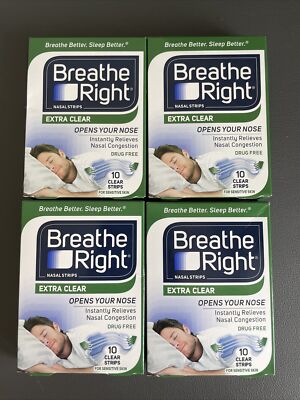 4x Breathe Right Nasal Strips Extra clear sensitive Skin 10 strips Ea Exp 09/26