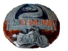 Vintage Metal Harley Davidson Snake & Motorcycle Belt Buckle Retro Biker 1991