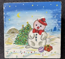 Wooden Handcrafted Decorative Box with Snowman Christmas Decor 6.75” X 3”