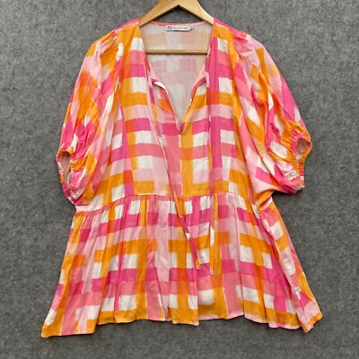 PQ Collection Tunic Top Womens M/L Multicolour Check Short Sleeve Rayon 54713