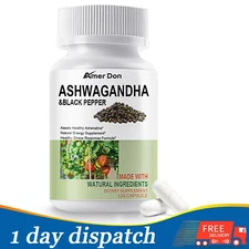 Organic Ashwagandha Capsules 1300mg Supplement w/ Black Pepper Root Powder 1