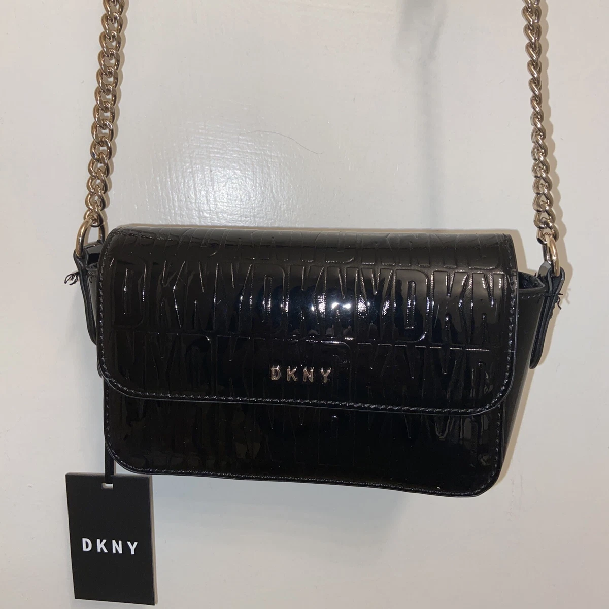 Dkny, Bags, Dkny Sina Mini Crossbody Black Faux Patent Leather Embossed  Logo Nwt