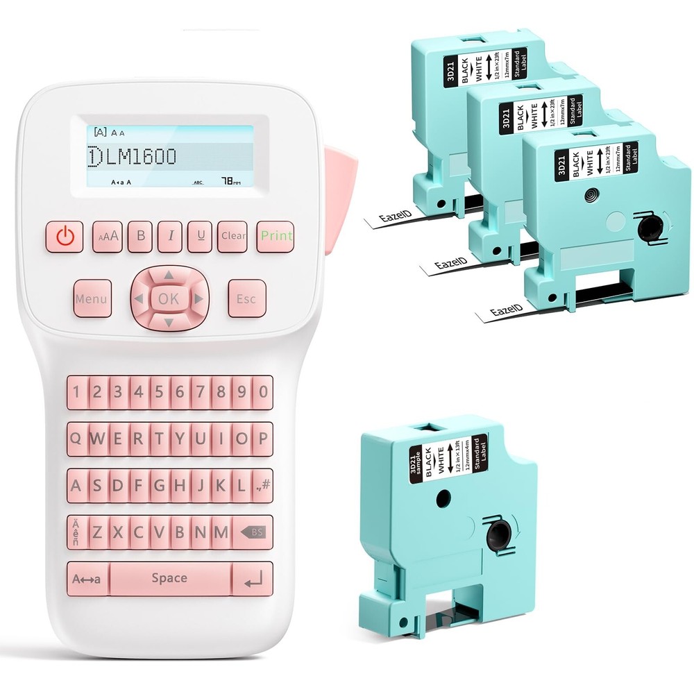 Rechargeable Pink Label Maker Machine with Keyboard & 4 Tapes