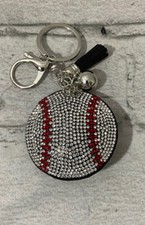 Baseball Silver Rhinestone Charm Keychain Tassle Keyring Clip Cotton Padded Back