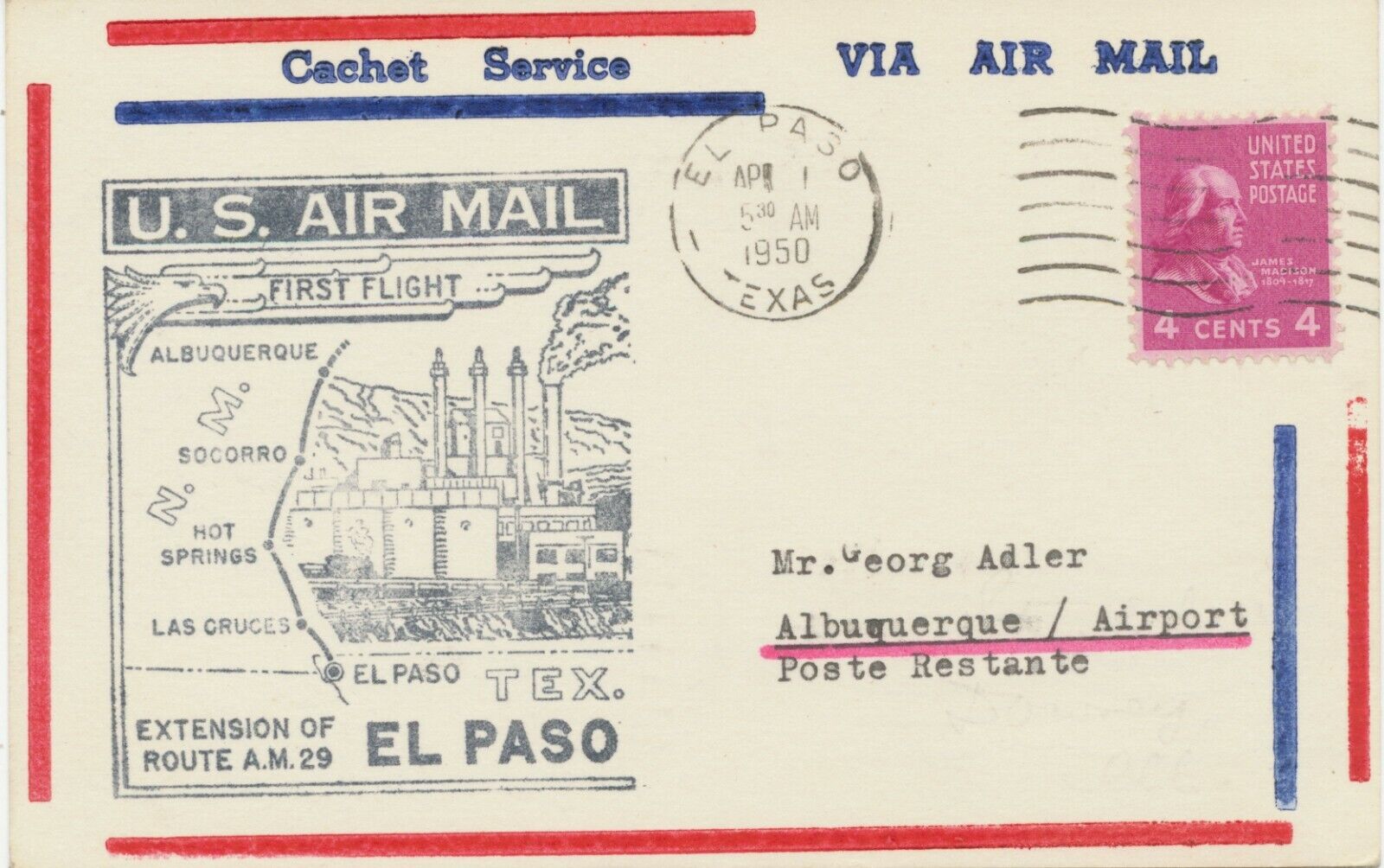 USA 1950, selt. Kab.-Erstflug A.M. 29 "El Paso, Texas - Albuquerque, New Mexico"