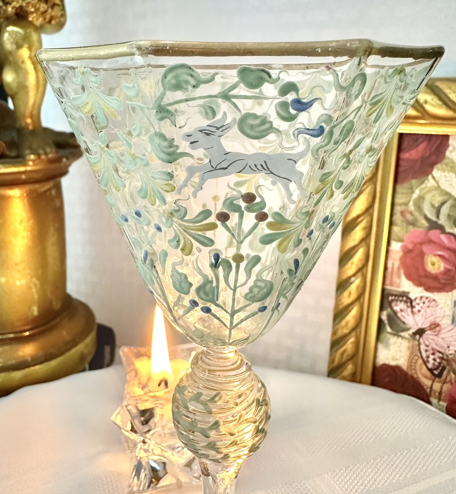 Moser Salvati Canine & Foliate Wine Glass Enameled c1900's Antique Gold Trimmed