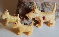 VTG CELLULOID TERRIER W/ SPOTS DOG PUPPIES ON CHAINS JAPAN MINIATURE FIGURES