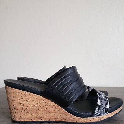 Teva Arrabelle Leather Cork Wedge Slide Sandals Aztec Black/White
