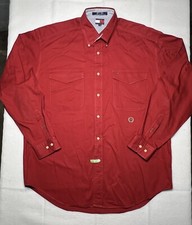VINTAGE 90  s Tommy Hilfiger Button Up Shirt Men  s LARGE Red Pocket Lions Crest