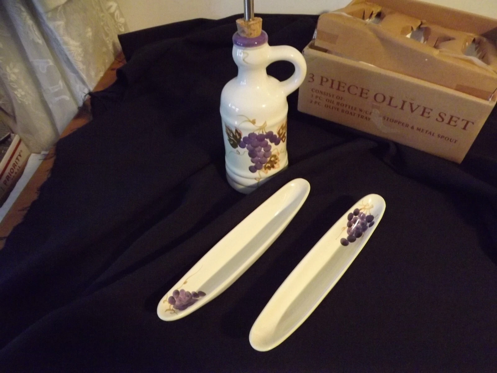 NEW 3pc set (2) OLIVE BOATS (1) OIL DECANTER ceramic by WCL