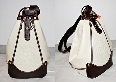 MARINO ORLANDI Embossed Logo Sling Bag/Backpack-Tote  Leather Cream-Brown $995