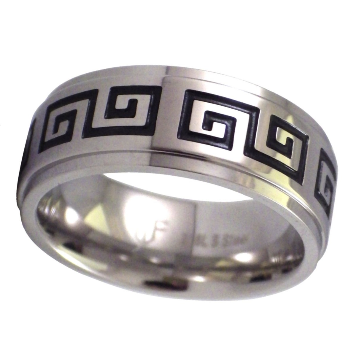 Greek Key Tattoo Band Mens Stainless Steel Meandros Ring Sizes - Main Image
