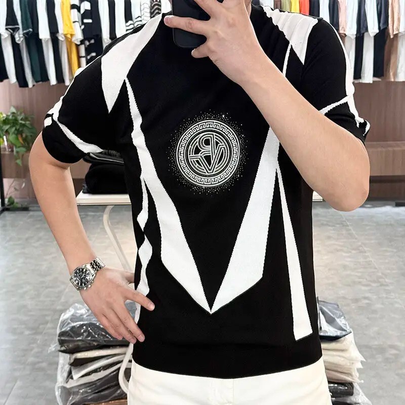 New Men Fashion Diamond Rhinestone Luxury Knitted Black White T-Shirt