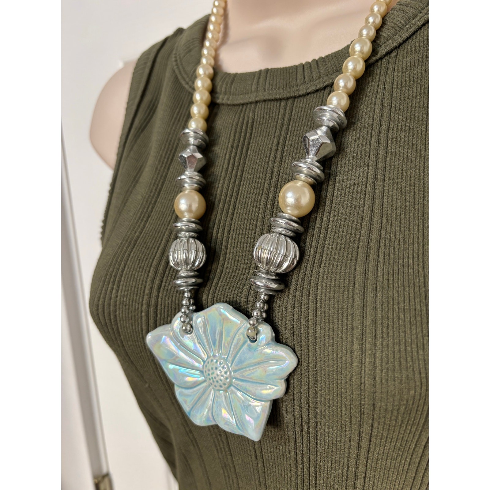 Women's Faux Pearl Blue Ceramic Flower Necklace Silver Beaded Fairy Mermaid Gift