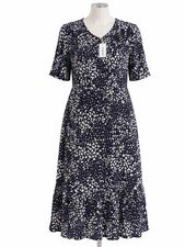 Evans Navy White Spot Midi Dress Size 16 V Neck Ruffle Hem BNWT  100% Viscose
