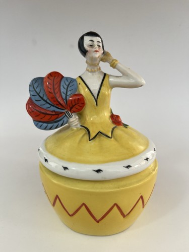 Art Deco Flapper Girl Ceramic Powder Trinket Pot Lidded Yellow Fan 15cm 1930s