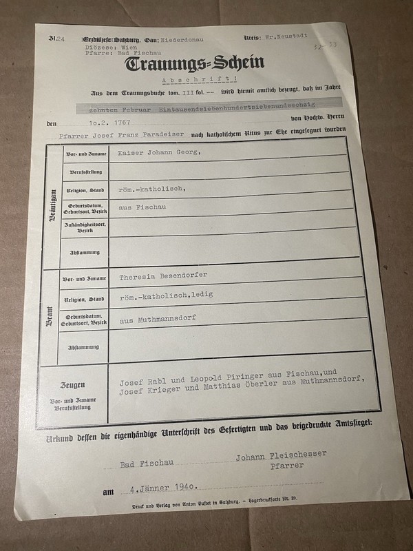 1940 Austrian Marriage Certificate Copy - Bad Fischau - WWII Era Ephemera
