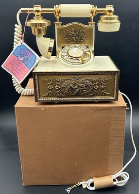 DECO-TEL French Victorian Style Ivory & Gold Rotary Dial Phone Hollywood Regency