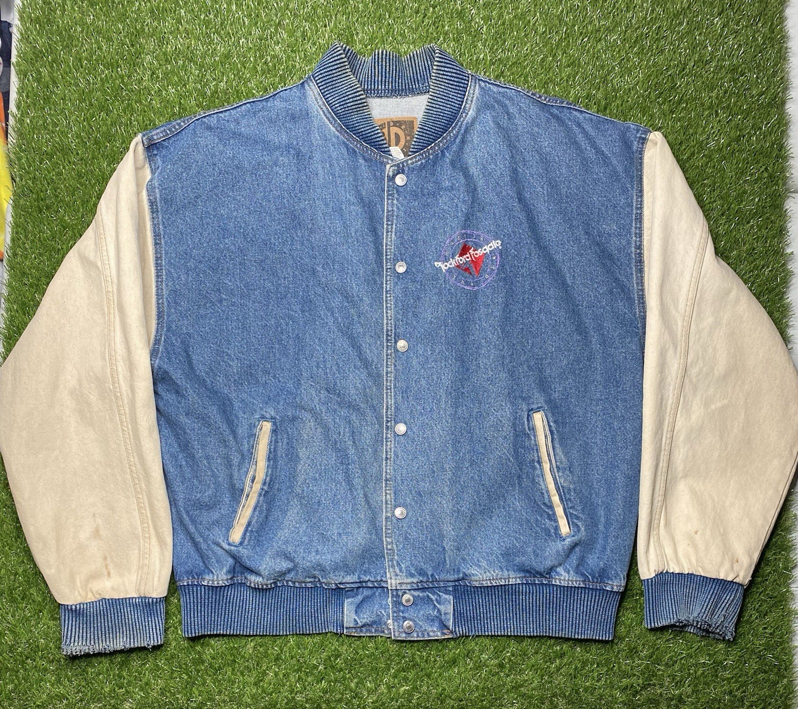 Vintage Rockford Fosgate 90 Snap Button Denim Varsity Jacket International Denim