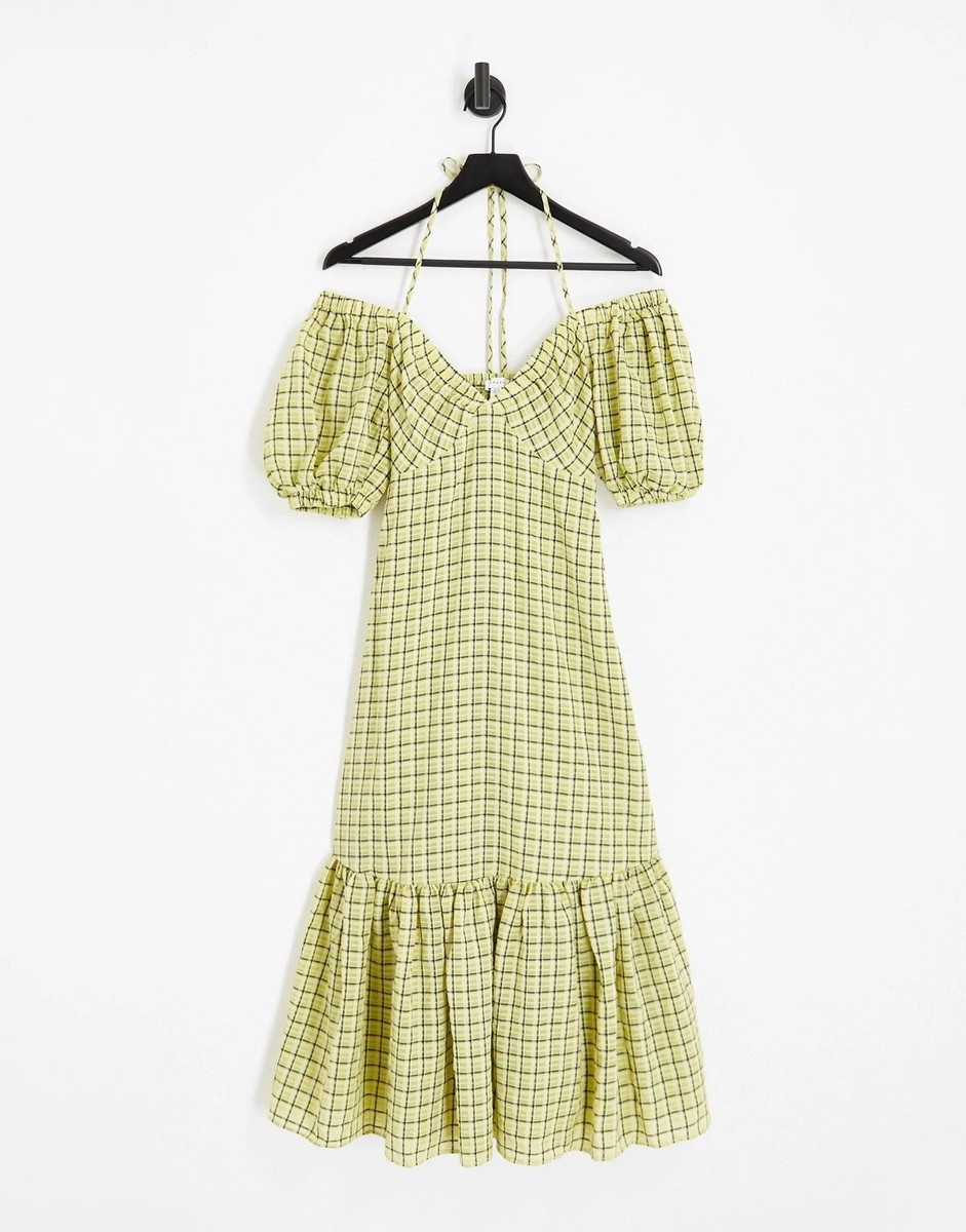 Topshop Lime Green Checked Midi Dress, Size 8 Topshop Lime Green Checked Midi Dress, Size 8