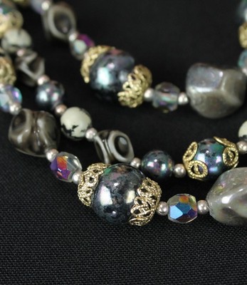 Vintage 50s Necklace 21-23'' 3 Strand Tiered Blue Gray Gold Aurora Borealis Beads