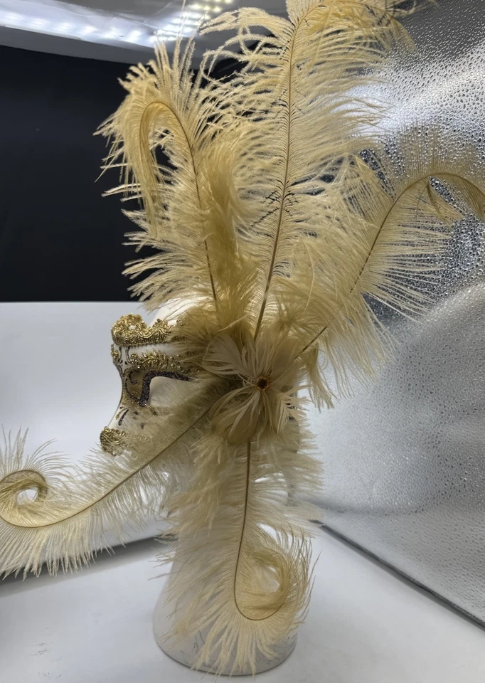 Venice Hand Painted Mask La Maschera Del Galeone, Italy Masquerade Gold Feathers - Image 3 of 4
