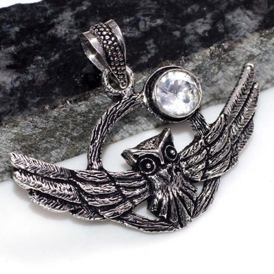 925 Silver Plated Flying Owl White Topaz Pendant Gemstone Size 1.6'' GW