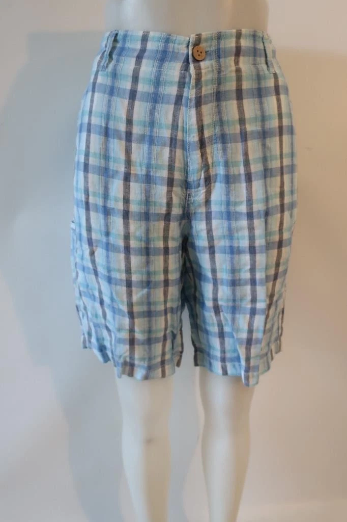 Men Tommy Bahama Relax Blue White (Item-75) Pure Linen Plaid Flat Front Short 34